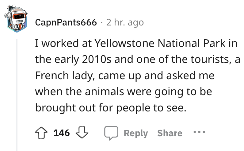 angle - CapnPants666 2 hr. ago I worked at Yellowstone National Park in the early 2010s and one of the tourists, a French lady, came up and asked me when the animals were going to be brought out for people to see. 146